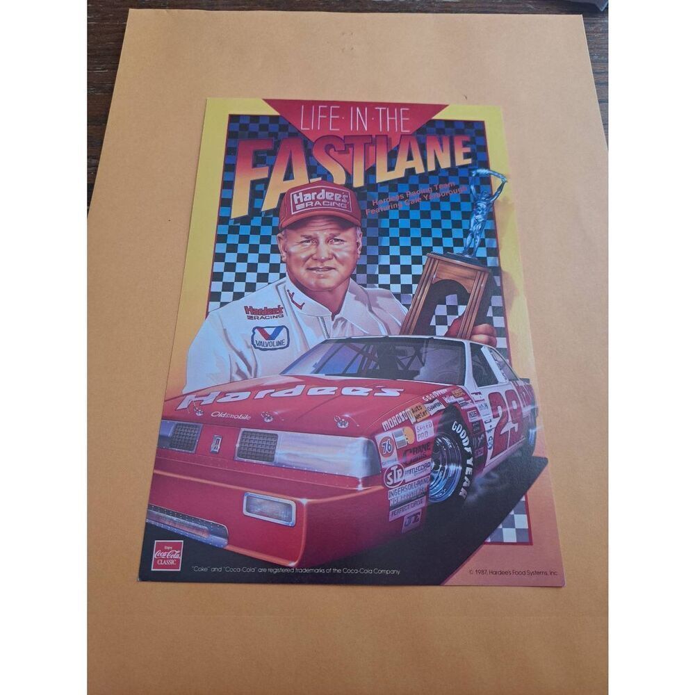 1987 Cale Yarborough Hardee’s Racing Promo Card 6x9 Coke Oldsmobile NASCAR Art
